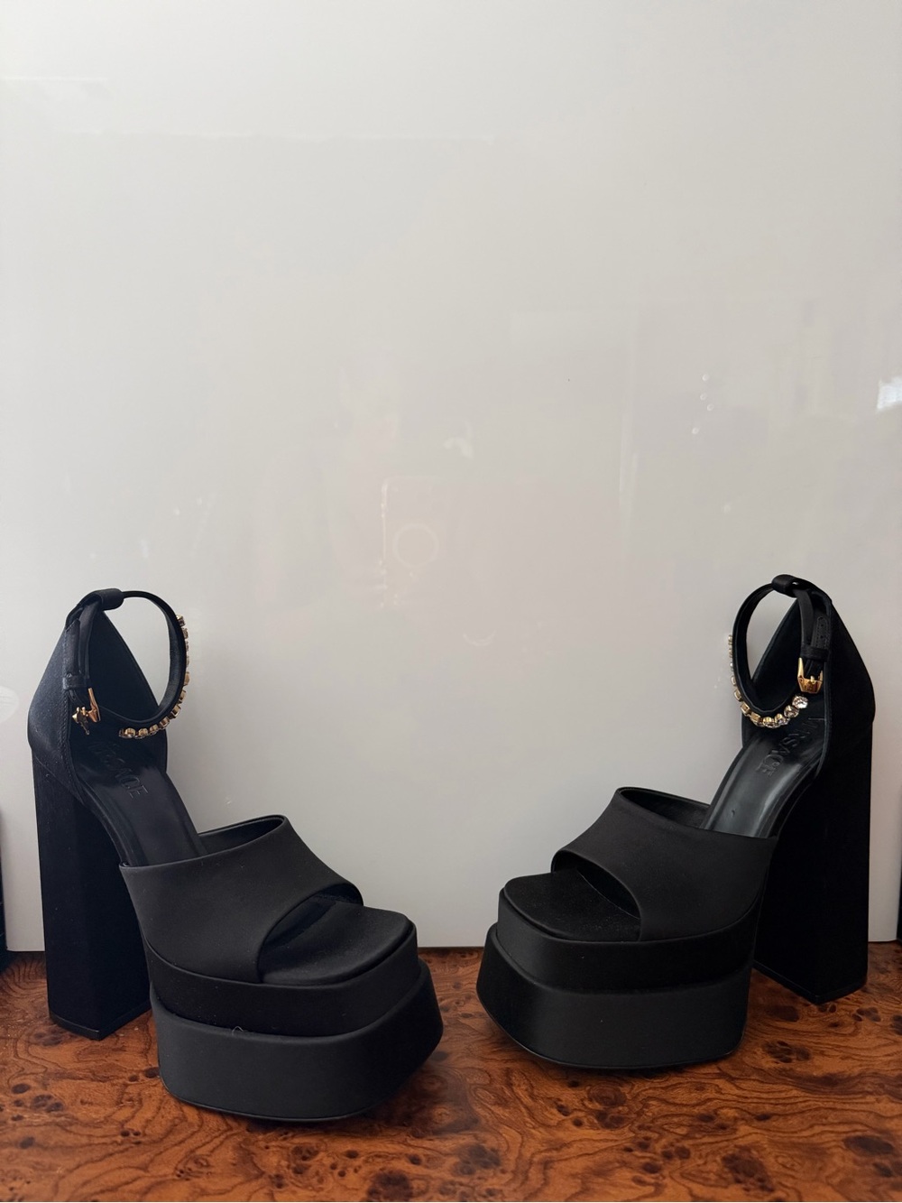 Versace Black Platform Block-Heel Sandals with Gold Chain Ankle Strap - Picture 3 of 13